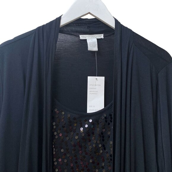 DESIGN HISTORY Sequin Cardigan Shrug Plus Size 1X Layered Look Tank Black NWT - Picture 2 of 9